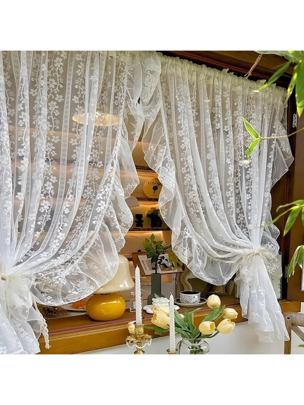 White Lace Curtain with Ruffles - Floral Knitted Design for Girls' Bedroom Decor